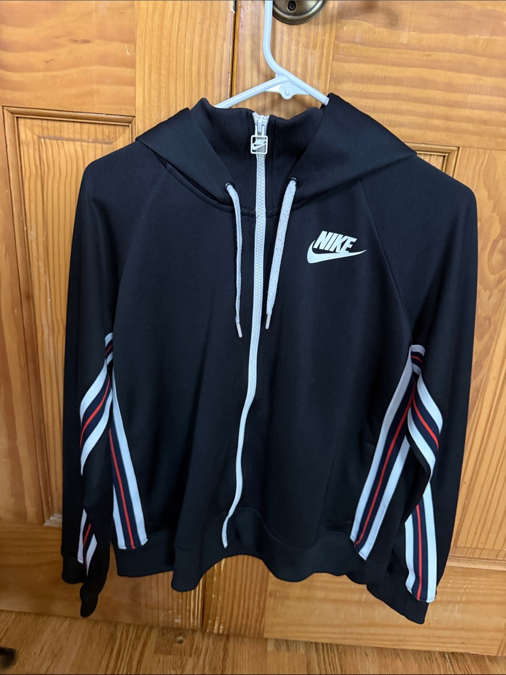 Nike Black Hooded Jacket with White and Red Stripes